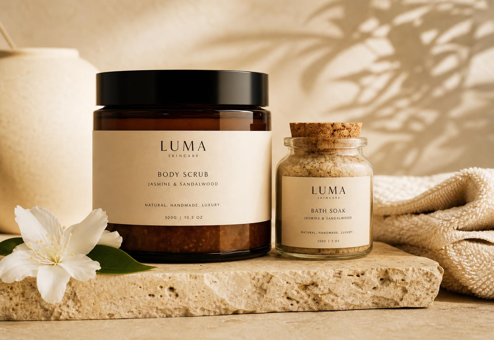 Les deux soins LUMA, gommage exfoliant et crème déodorante, posés sur une pierre de travertin