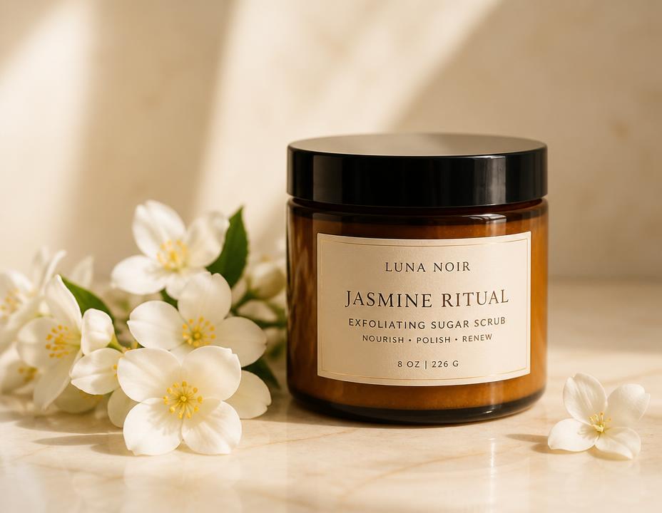 Pot ambré du gommage exfoliant LUMA Shine entouré de fleurs de jasmin